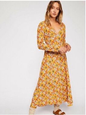 Free People Yellow Floral V-Neck Dress